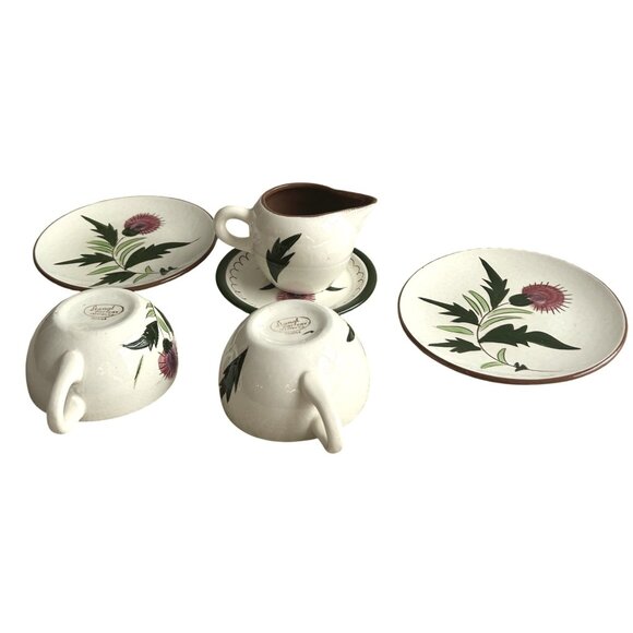 Stangl Pottery Thistle Pattern 6-Piece Set Teacups & Creamer With Saucers - Picture 3 of 5